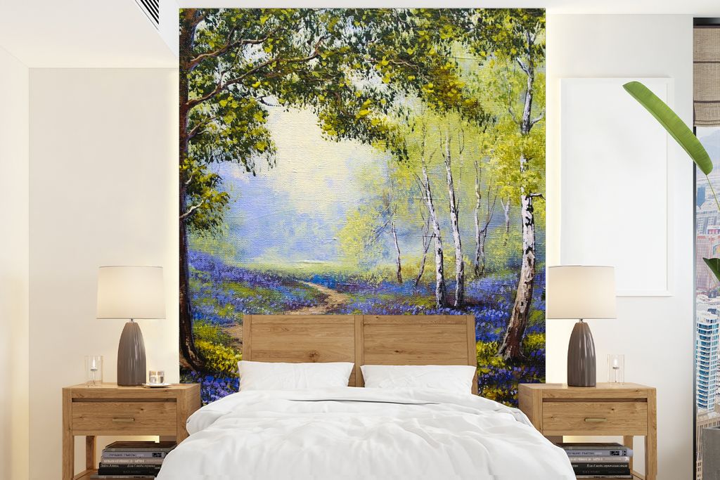 MuchoWow Fototapete für Wohnzimmer oder Schlafzimmer Wandtapete Vinyl Motivtapete Gemälde - Natur - Wald - Blumen - Ölfarbe - 160x220 cm - Bil...