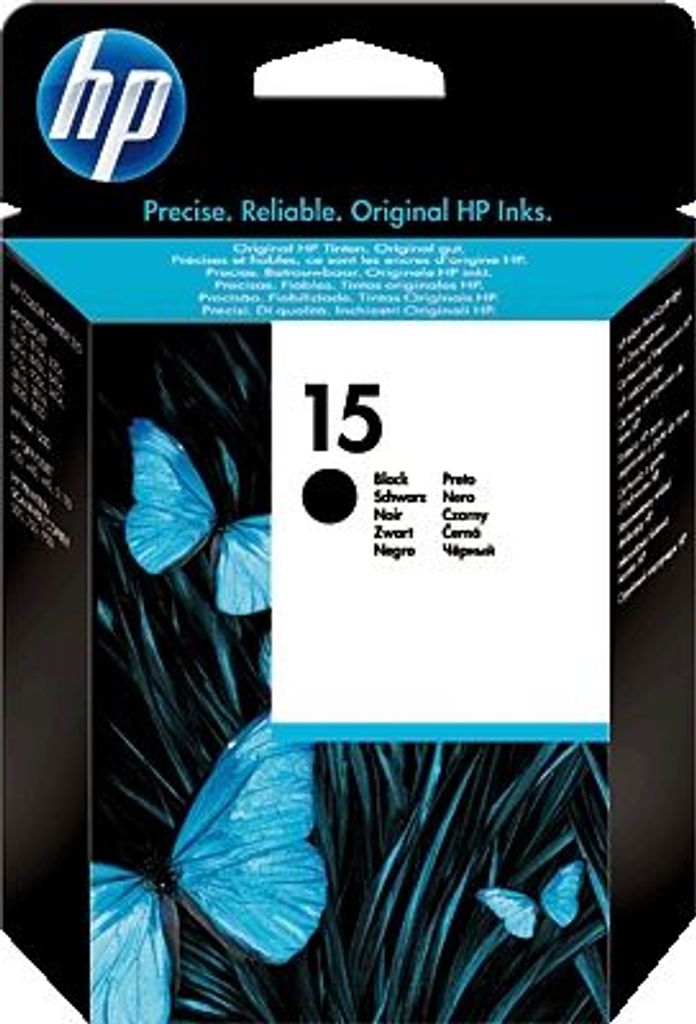 The image shows the packaging of an HP 15 black inkjet print cartridge.