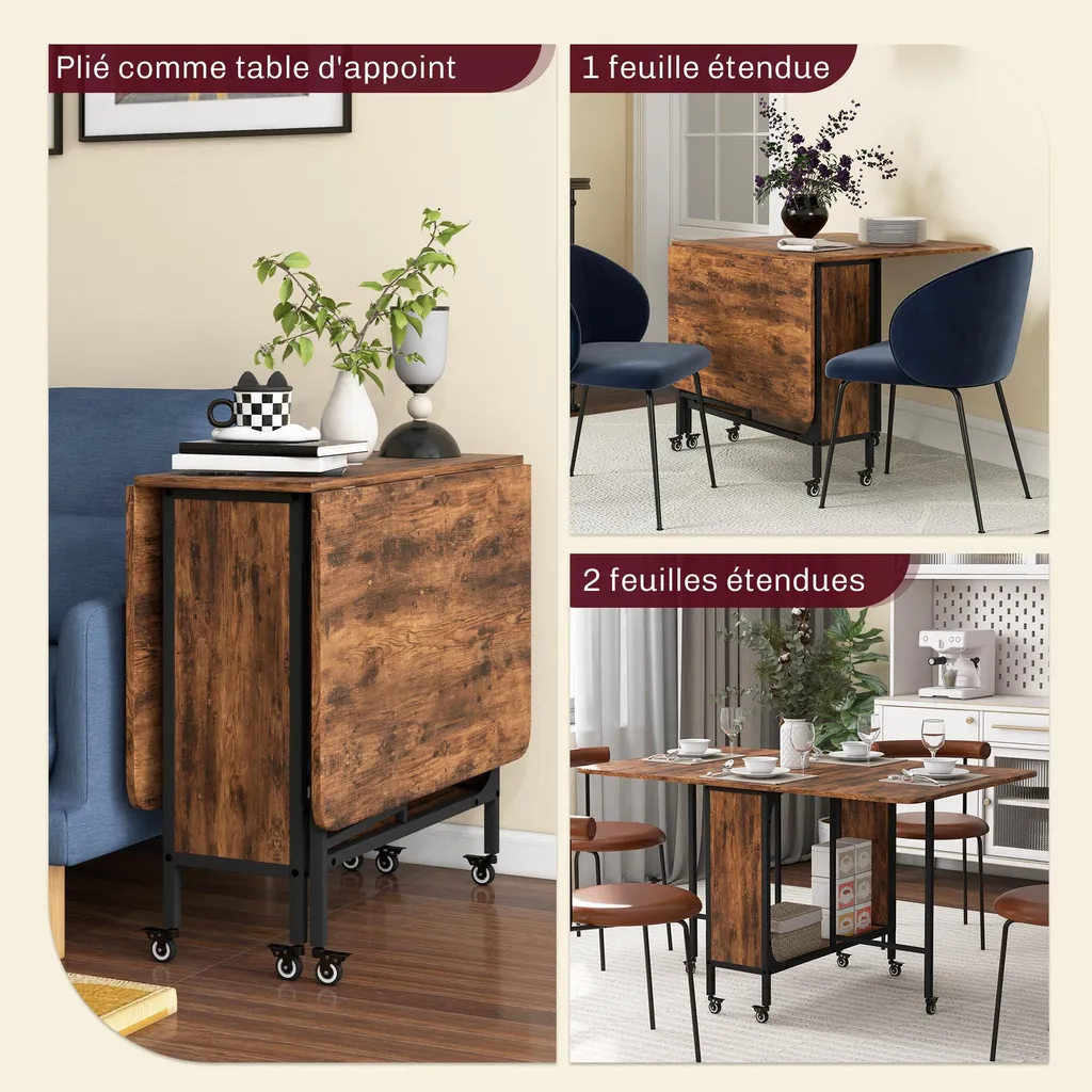 HOMCOM Table à manger pliante rectangulaire sur roulettes marron - 3