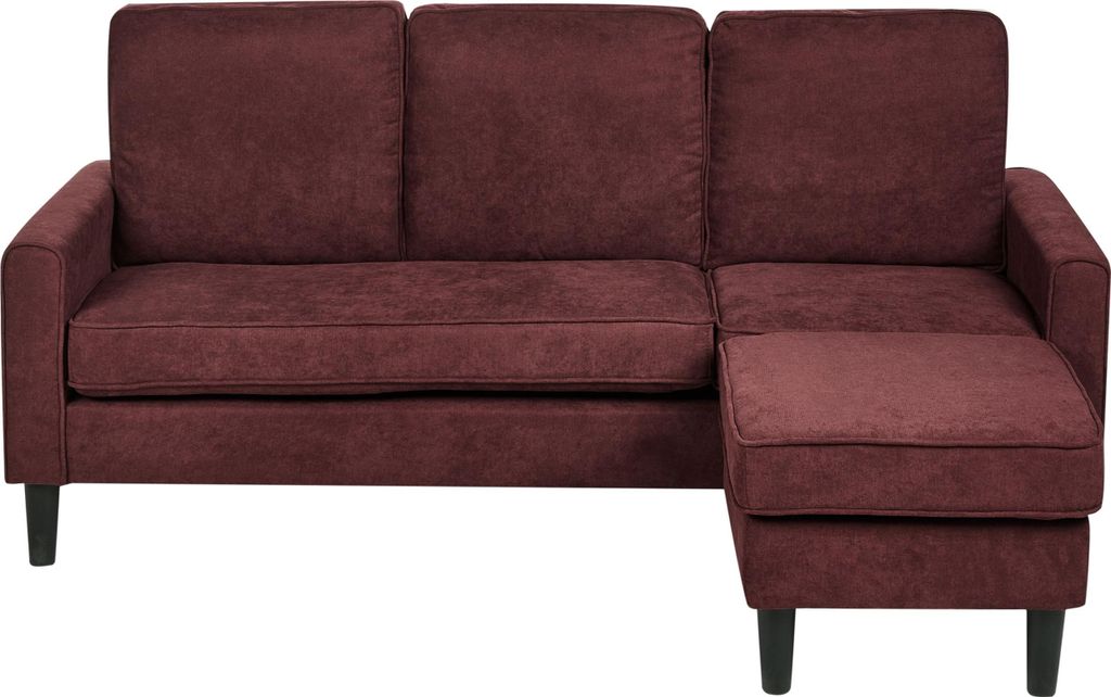 BELIANI 3-Sitzer Sofa Burgunderrot Stoffbezug mit Ottomane Niedrige Armlehnen Schwarze Beine Industrie-Design Wohnzimmer Ausstattung Polstersofa