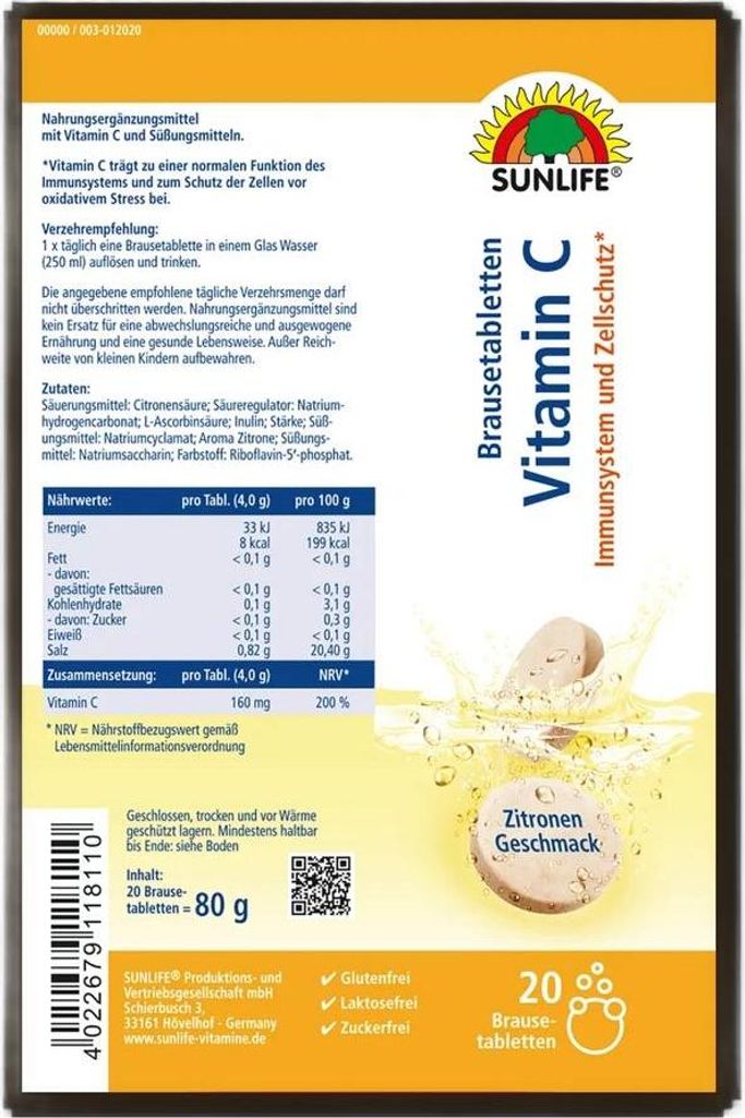 Sunlife Vitamin C Brausetabletten 20 St Produktbild 