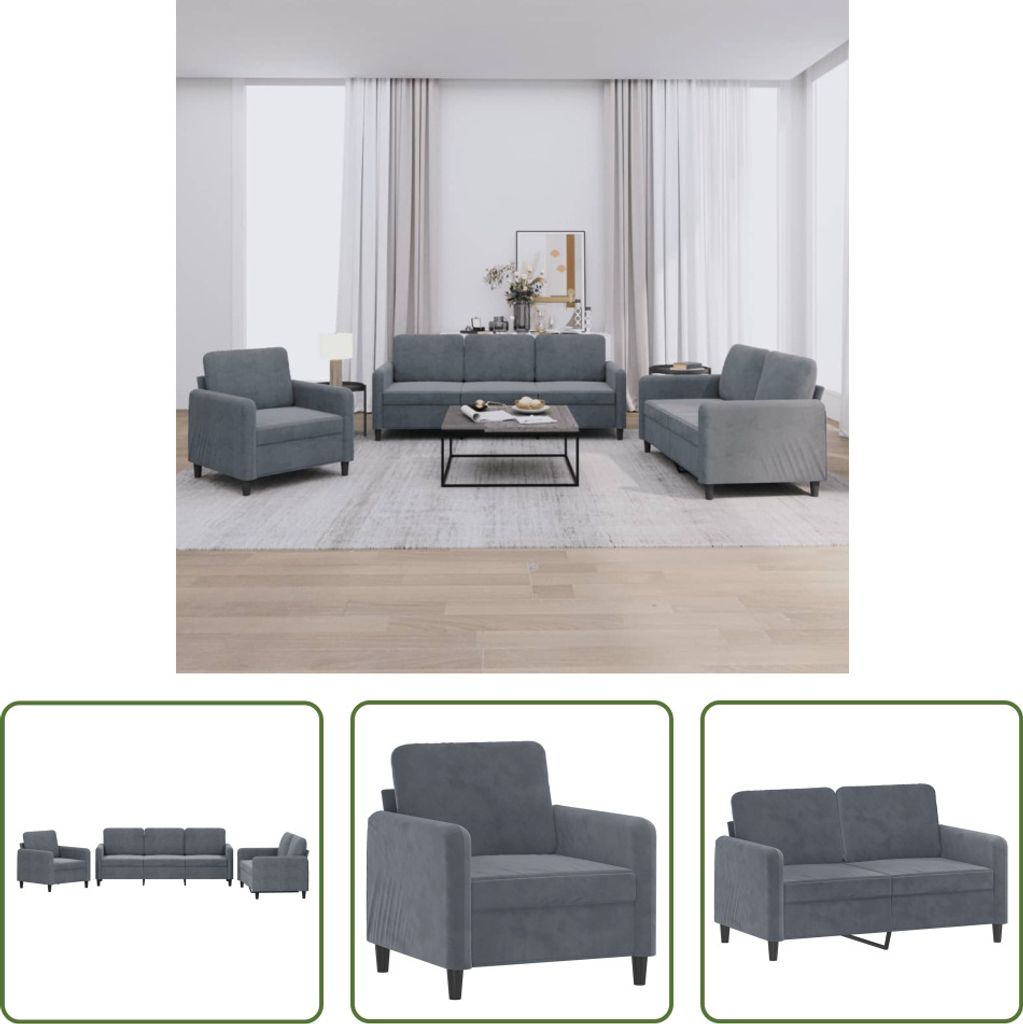 The Living Store 3-tlg. Sofagarnitur Dunkelgrau Samt
