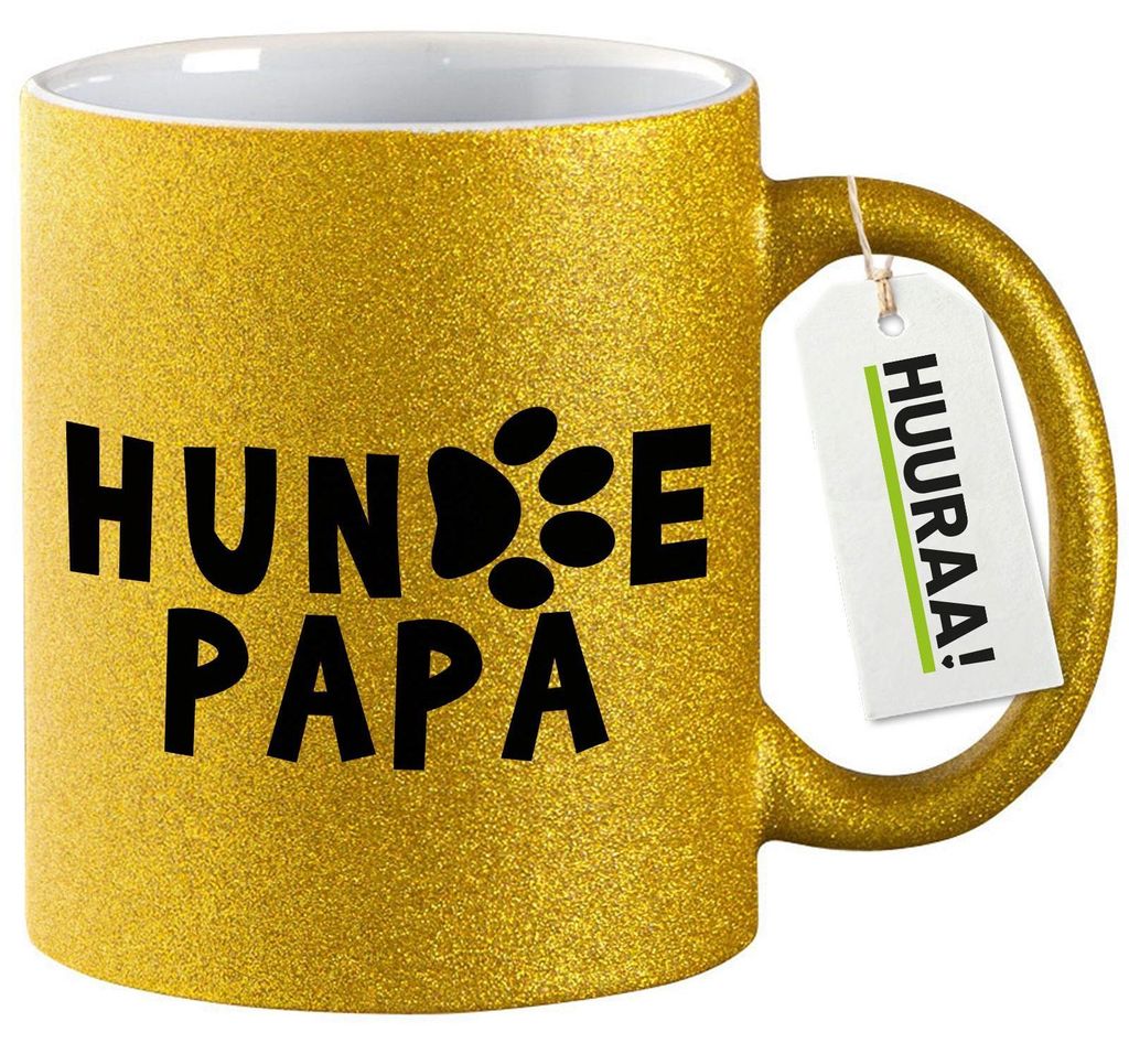 Huuraa Glitzertasse Hundepapa Tapse 330ml Gold Keramik Kaffeebecher Geschenkidee