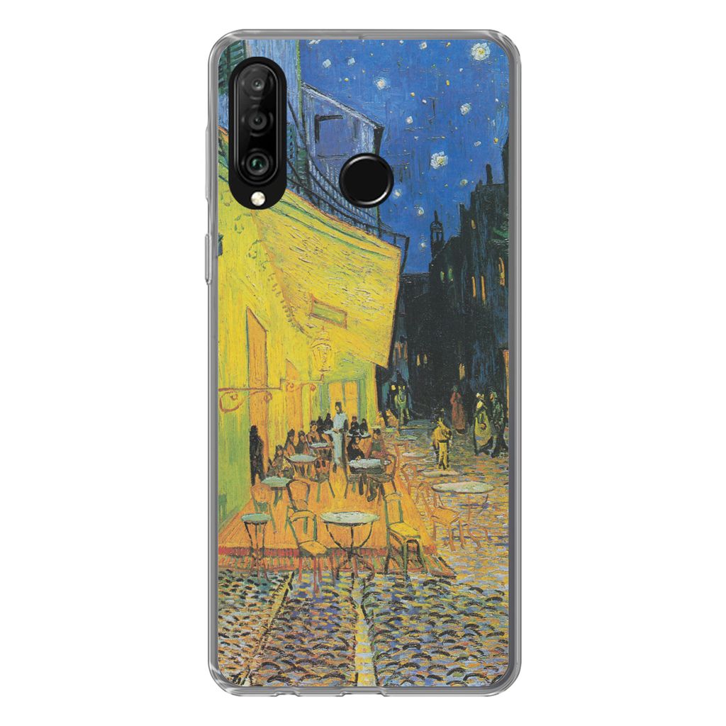 MuchoWow Handyhülle Schutzhülle Hülle für Huawei P30 Lite Caféterrasse bei Nacht - Vincent van Gogh Silikon Softcase Handy Hülle - Handyhülle