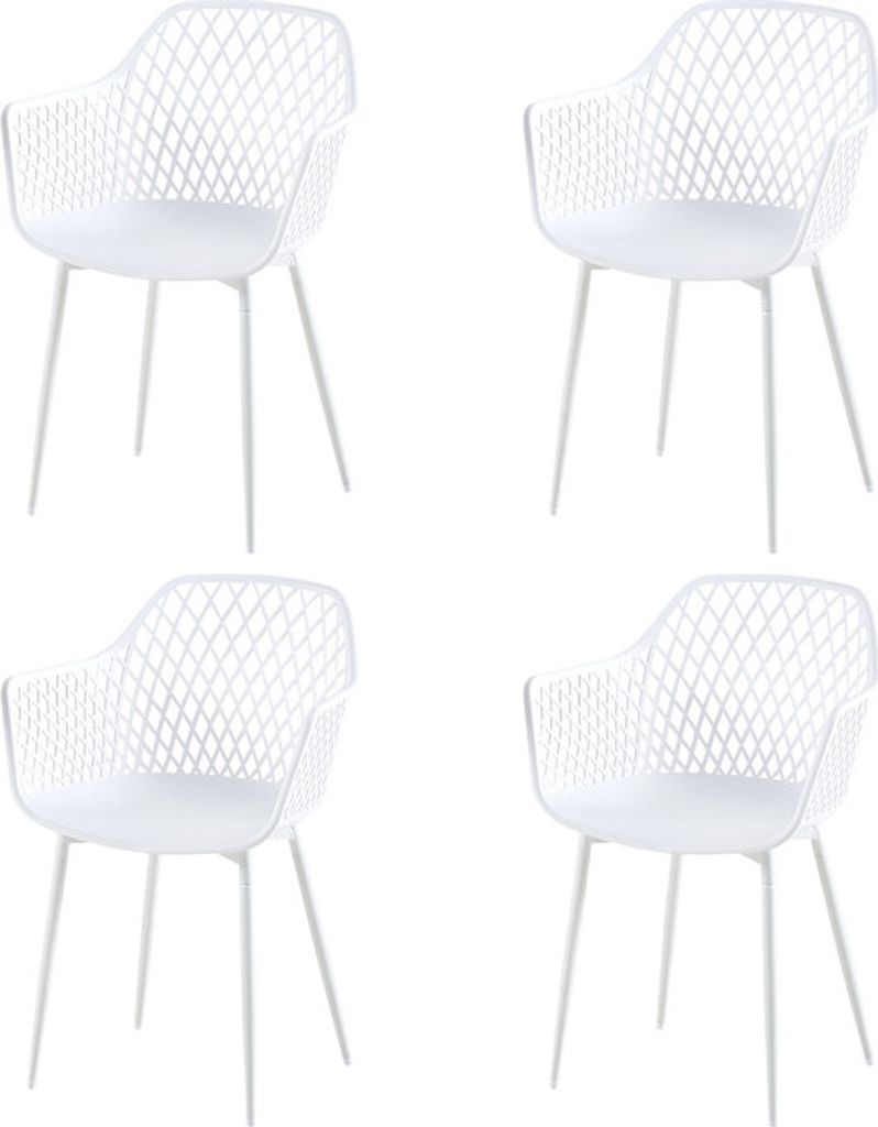 Four white outdoor chairs arranged in a grid on a white background.