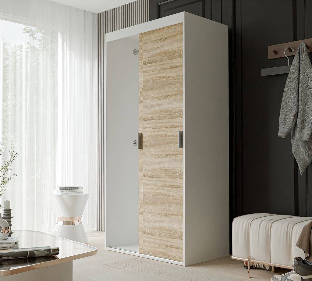 IDOHOME-Schiebetürenschrank Kleiderschrank LUNA 100 cm mit Regalen und Kleiderstangen Schrank Garderobe Weiß Sonoma silberne Griffe