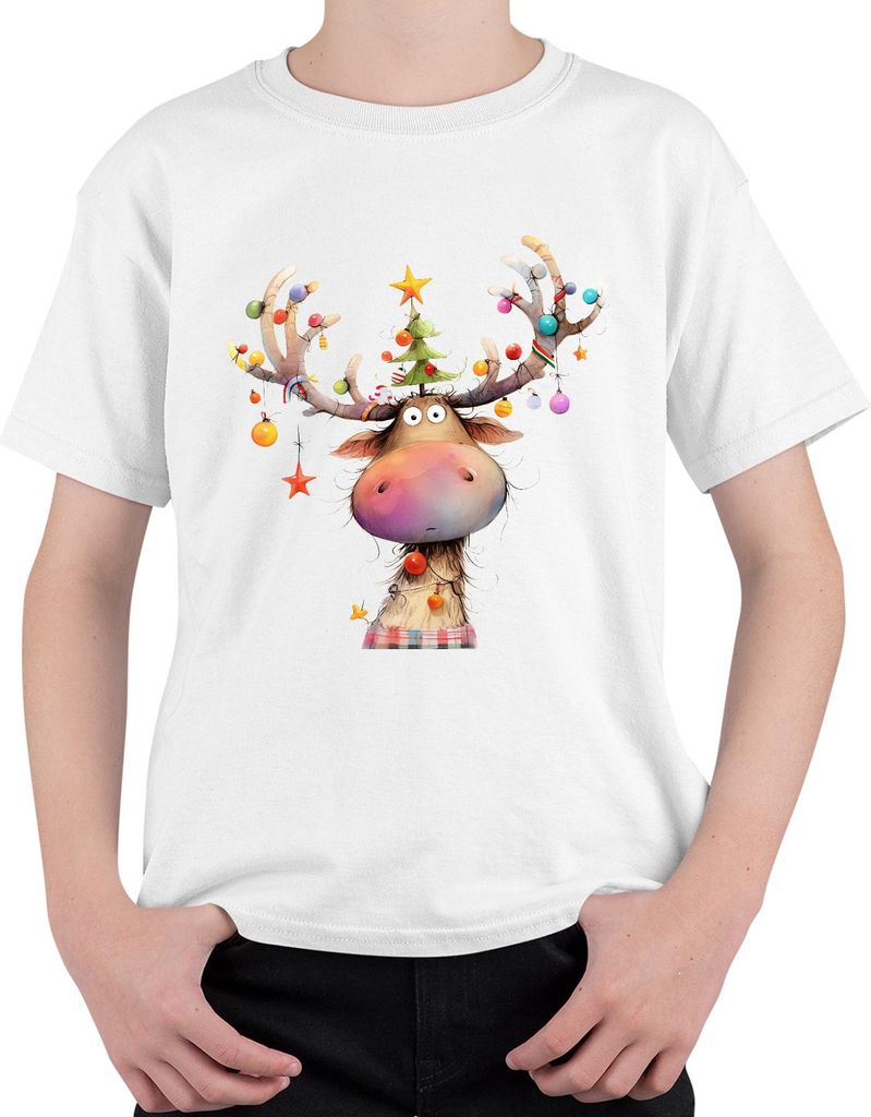 Weihnachts Rentier Geweih Christbaum Kugeln Stern niedlich lustig Uni Kinder T-Shirt, Weiß, 152