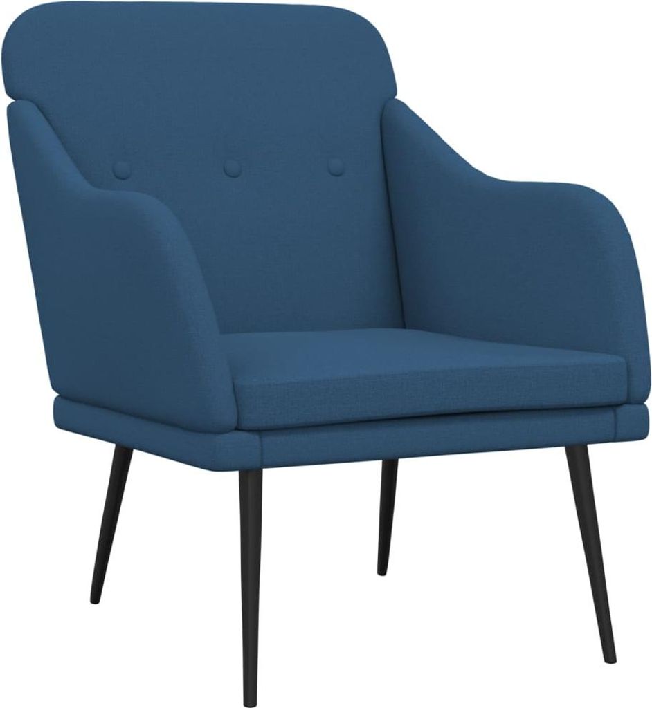 Blauer Stoff Sessel, gepolstert, tiefe Sitzfläche, robustes Metallgestell, 63x76x80 cm