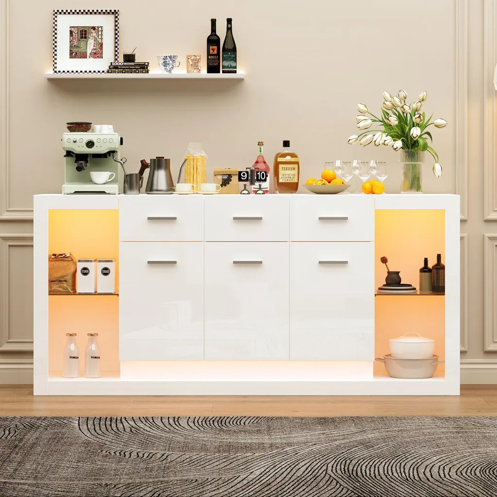 Buffet bas blanc brillant 160cm avec 14 compartiments et éclairage LED - 5