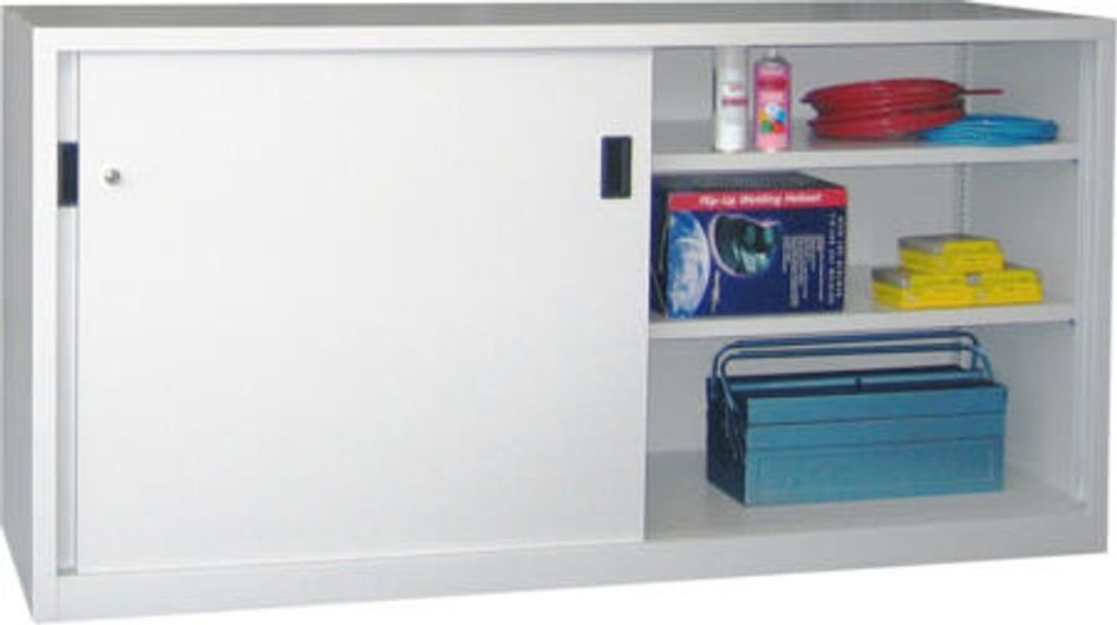 Schiebetürenschrank - Vollblechtüren - 1.000x2.000x500 mm (HxBxT) - 4 Böden, gepulvert - Zylinderschloss - resedagrün/lichtblau