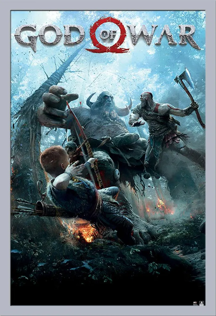 Affiche God of War PlayStation 61x91,5 cm avec cadre en MDF argenté