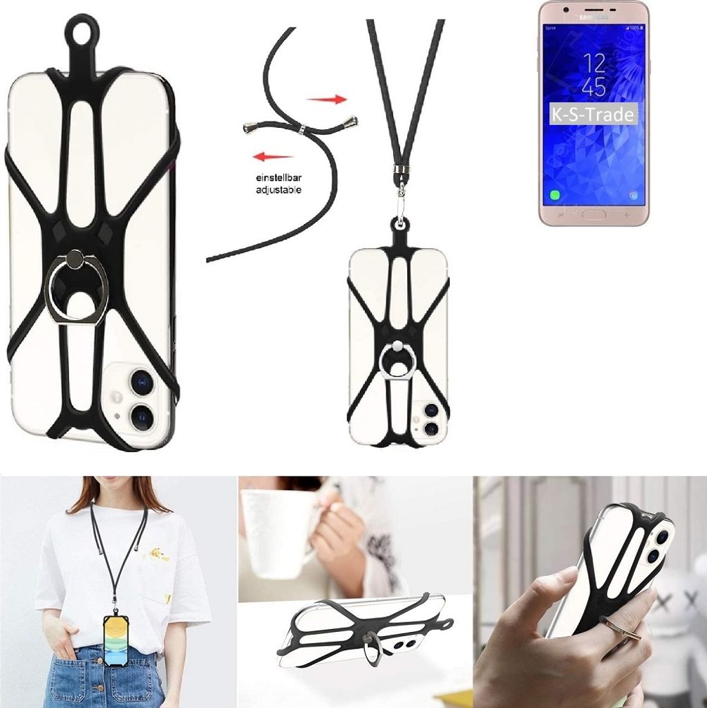 K-S-Trade 3in1 Handykette Handyband Handykordel Halsband Smartphone-Ring Handy-Ring kompatibel mit Samsung Galaxy J7 Refine (2018) Fingerhalterung