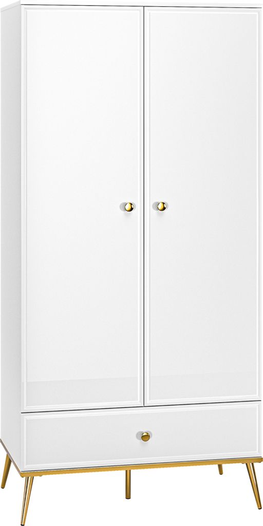 Kleiderschrank Garderobenschrank weiß Hochglanz mit 1 Kleiderstange GUBIN-131 Griffe und Füße goldfarben, B/H/T: ca. 92/190/53 cm
