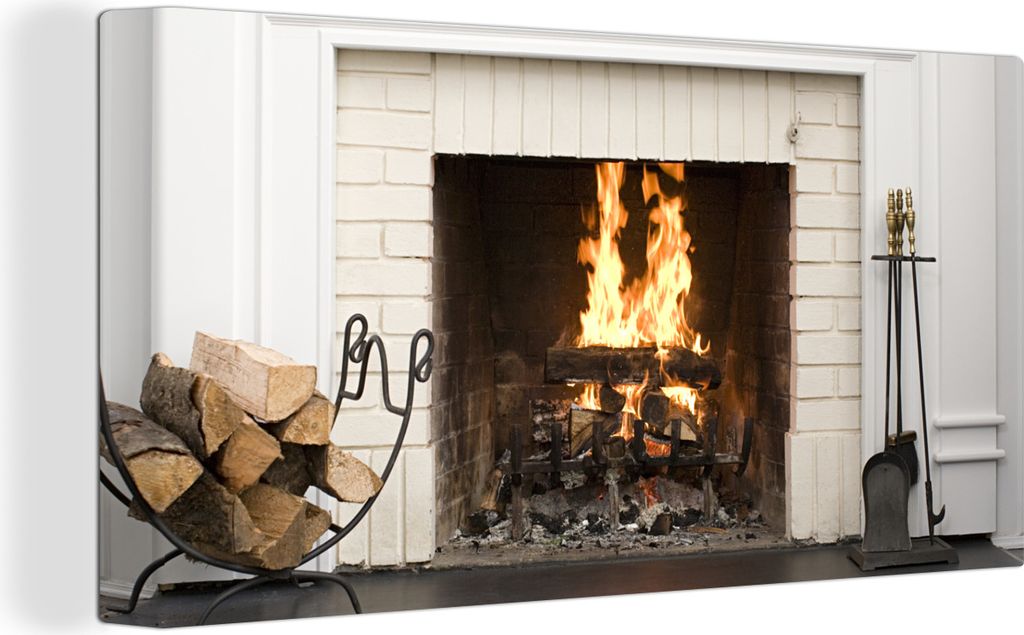 MuchoWow - Leinwandbilder - Kamin in einer weißen Wand, Wandbild, Wanddeko Bilder Wohnzimmer, 80x40 cm