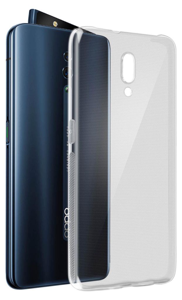 A transparent phone case is shown next to a dark blue smartphone.