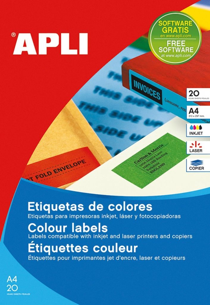 Packung 20 Blatt (200 Stück) gelbe Etiketten 210x297mm apli Produktbild 