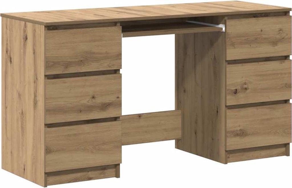 A wooden desk with drawers and a keyboard tray.
