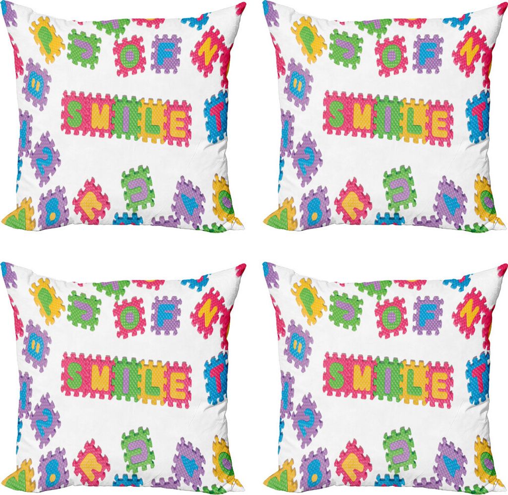 ABAKUHAUS ABC Puzzle Kissenbezug Set (4 Stück), Lächeln geschriebener Text Kunst, Moderner Doppelseitiger Digitaldruck, 45 cm x 45 cm, Mehrfarben