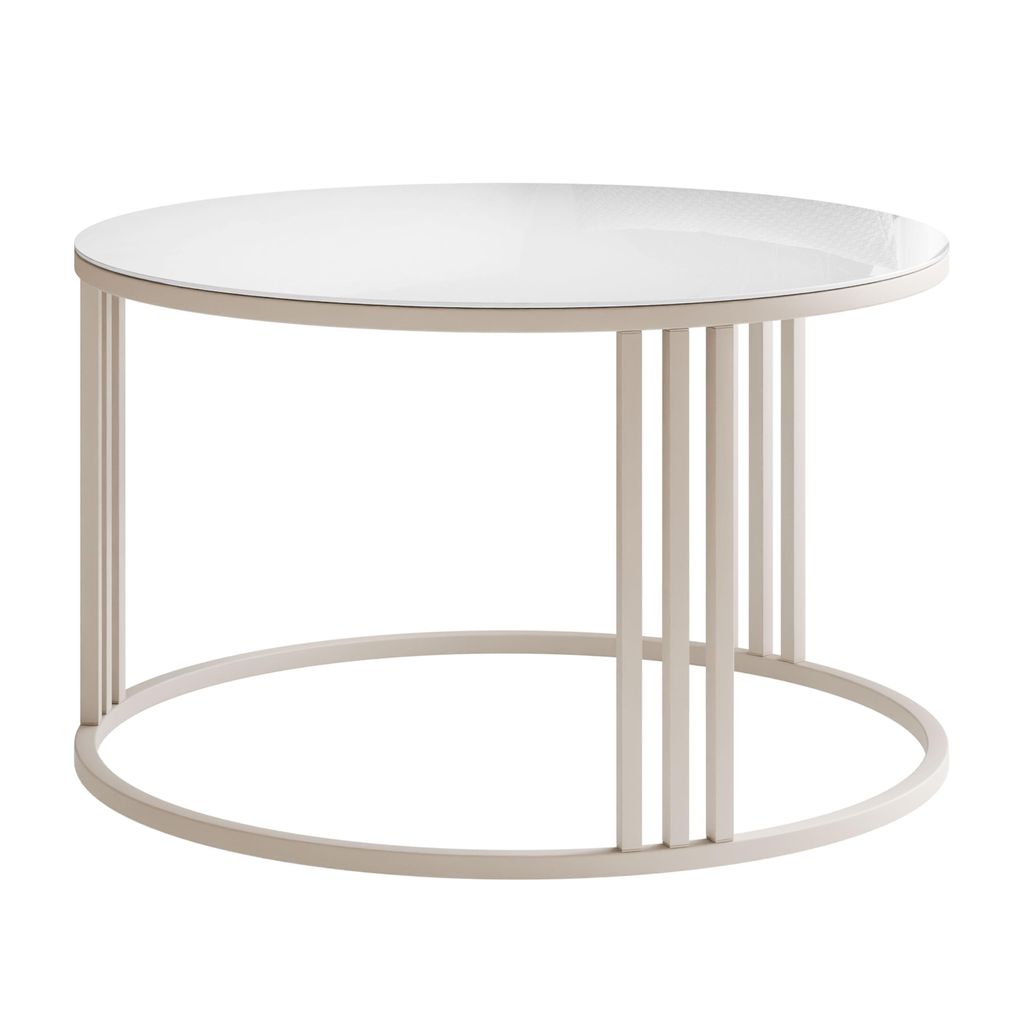 Runder Couchtisch LORI GLASS auf kaschmirfarbenem Gestell, Glas Weiß