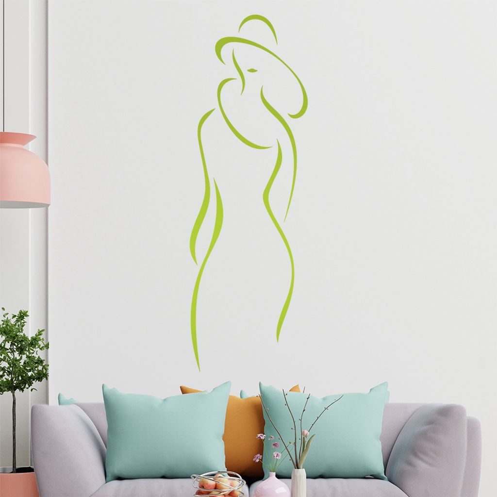 Dame mit Hut - Linien Wandtattoo in 6 Größen - Wandaufkleber Wall Sticker - Dekoration, Küche, Wohnzimmer, Schlafzimmer, Badezimmer