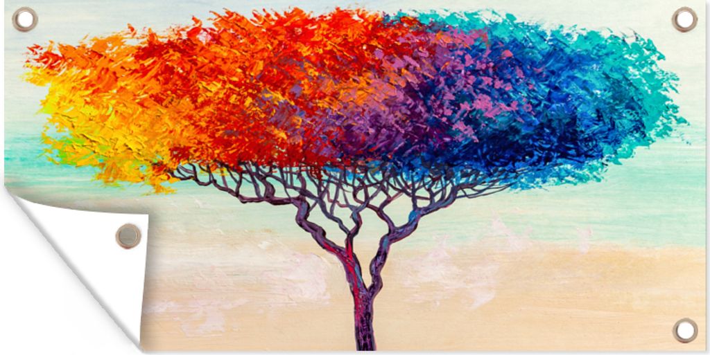 MuchoWow 60x30 cm Outdoor-Poster Gartendeko Sichtschutz Garten Poster für den Garten Gemälde - Ölfarbe - Baum - Regenbogen