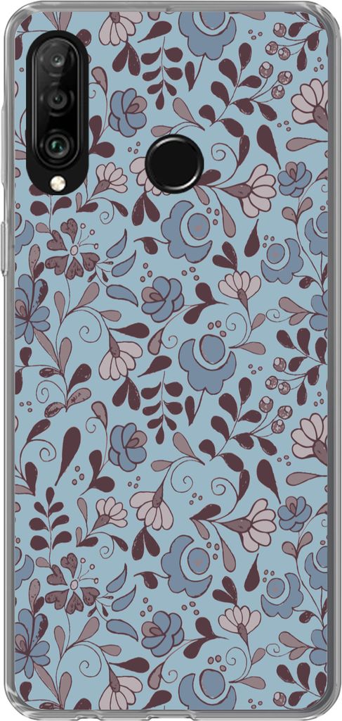 MuchoWow Handyhülle Schutzhülle Hülle für Telefoonhoesje Huawei P30 Lite Muster - Blume - Grau - Blau Silikon Softcase Handy Hülle - Handyh...