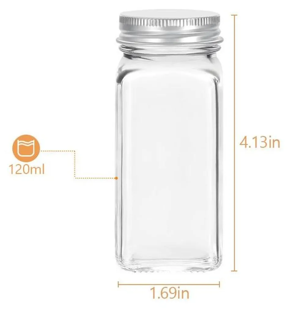 Jayseuw barattoli per spezie quadrati 24 pezzi 120ml barattoli per spezie in vetro con inserto per spolverare, etichette impermeabili, imbuto, spazzola per la pulizia contenitore per spezie accessori da cucina, coperchio in alluminio argento - 2