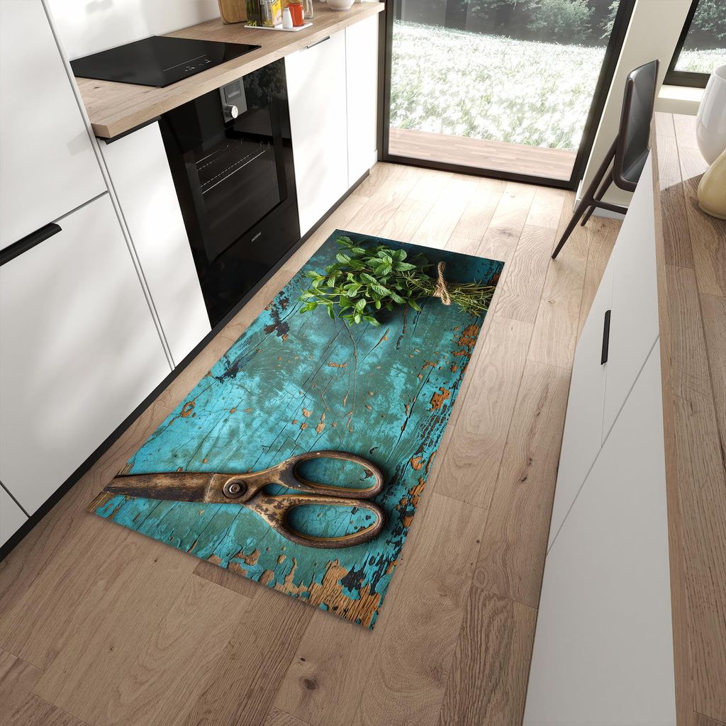 Küchenteppich 90x180cm rutschfest & abwischbar PVC Läufer - Alte Schereauf Holz