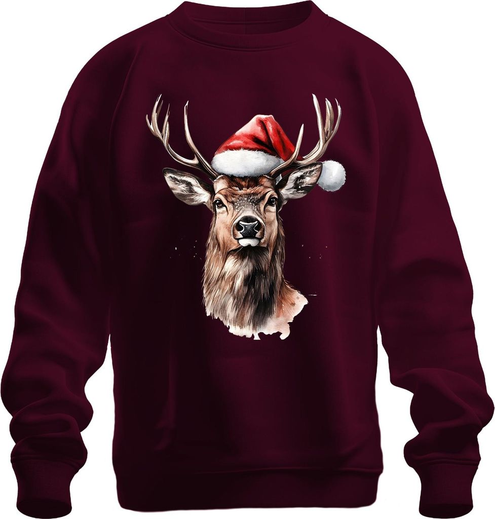 Rentier Santa Geweih Weihnachten Aquarell Geschenk Vintage Lustig Uni Sweatshirt Pullover, Burgundy, L