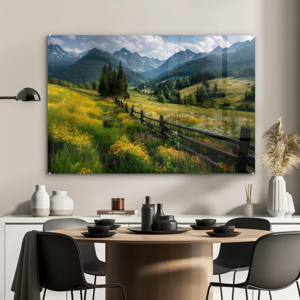 MuchoWow Glasbilder - Bilder auf Wandbild - Foto auf Glas Feld - Zaun - Berge - Blumen 120x80 cm Wanddekoration aus Glas - Acrylglasbild - Acrylbil...