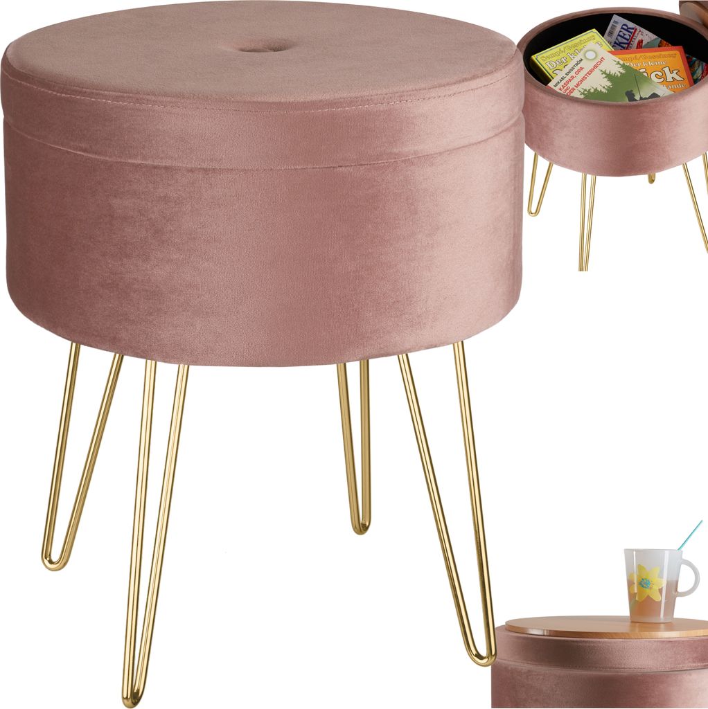 A pink velvet storage ottoman with gold hairpin legs is shown from the front.