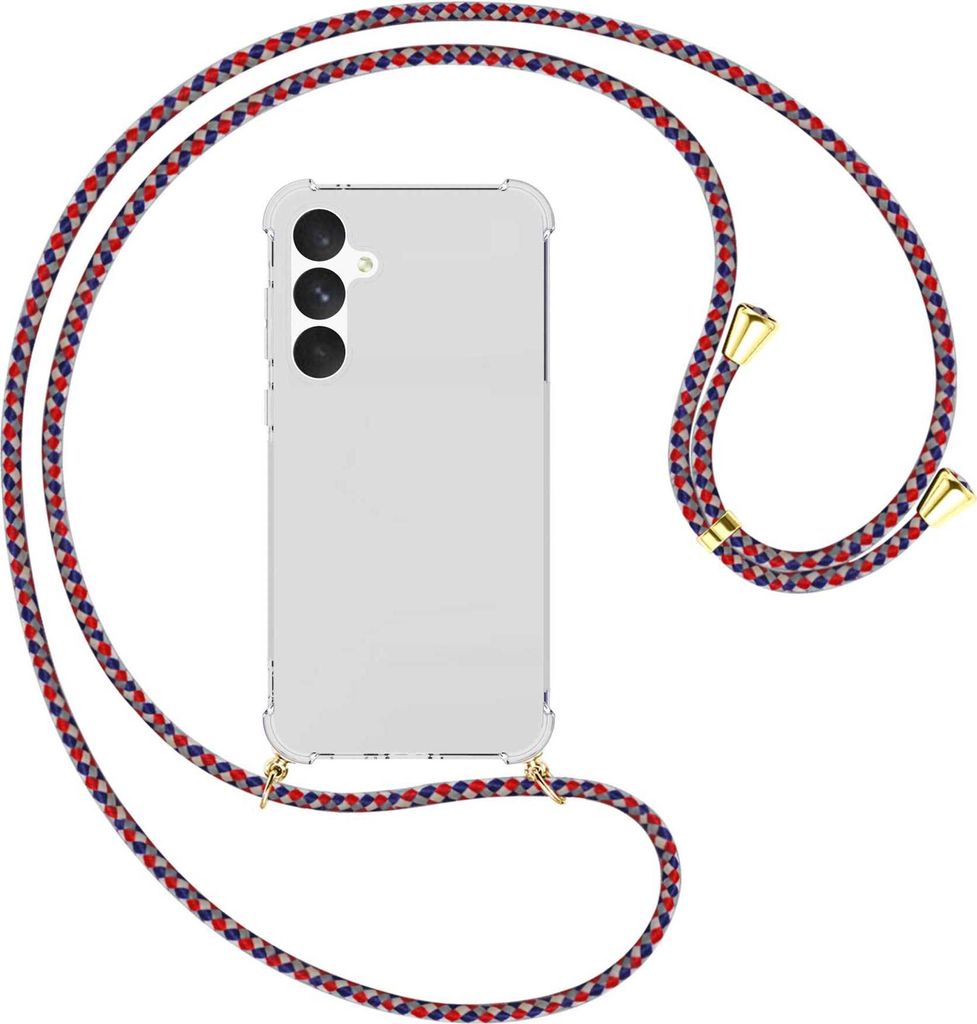 Handykette Backcover-Schutzhülle mit Band (Metall goldfarben) für Samsung Galaxy A55 5G - silber/blau/rot