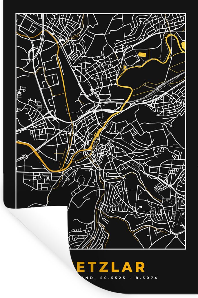 MuchoWow Wandtattoo Wandsticker Wandaufkleber Wetzlar - Gold - Stadtplan - Deutschland - Schwarz und Gold - Karte 40x60 cm Selbstklebend und Repo...
