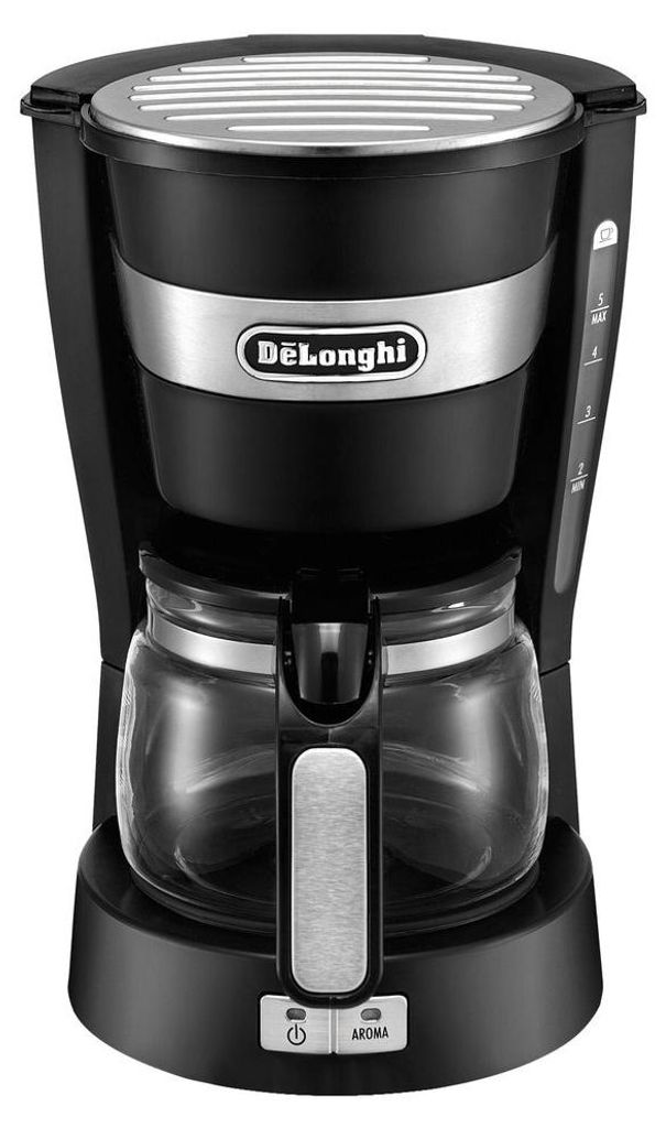 A black DeLonghi coffee maker with a glass carafe is shown against a white background.