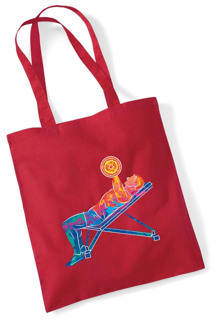 Huuraa Jutebeutel Fitness Training Bench Press bunte Silhouette 10 Liter Classic Red Baumwolle Tasche Geschenkidee