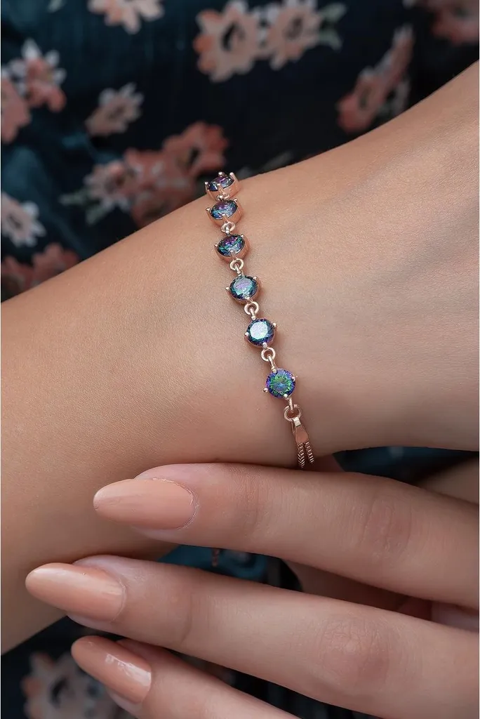 Bracelet en argent 925 avec topazes mystiques et plaqué or rose - 18cm