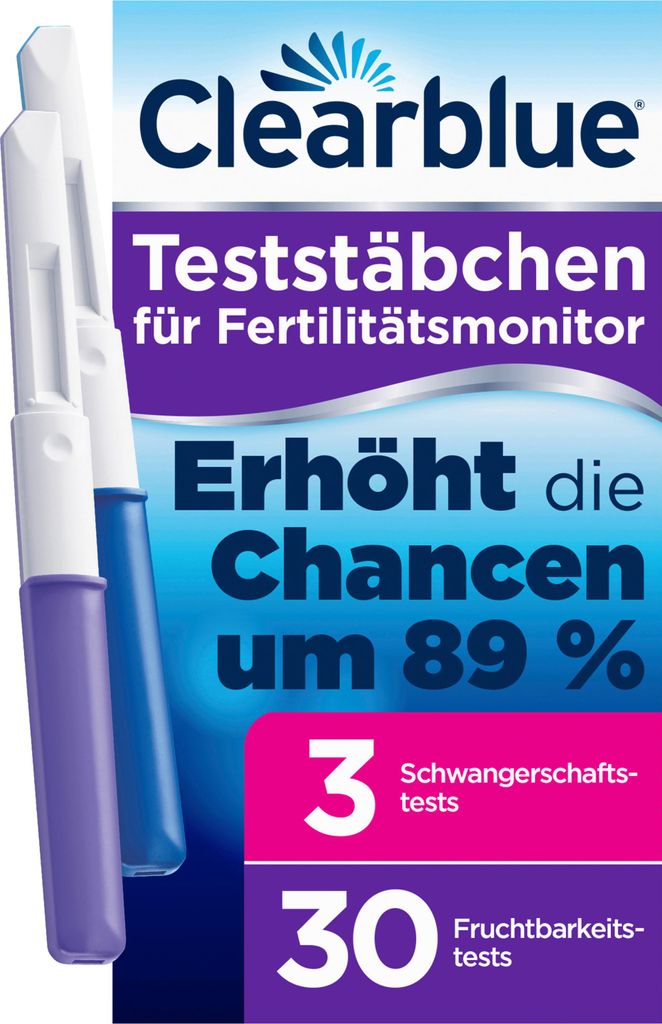 A product shot of Clearblue fertility monitor test sticks and packaging, highlighting features and benefits.