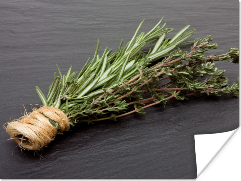 MuchoWow Poster Thymian - Kräuter - Grün - Tisch - Küche - Stein 120x90 cm - Wandbild