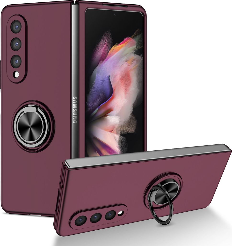 Samsung Z Fold3 Hülle, Dünn Hart PC Schutzhülle mit Ringhalter Ständer für Samsung Galaxy Z Fold 3 5G bordeaux