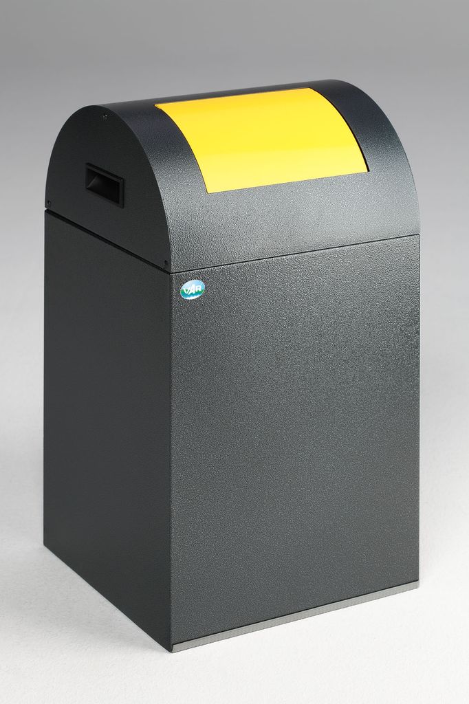 Selbstlöschender Wertstoffsammler rund mit Einwurfklappe | 43 Liter, HxBxT 60x32x32cm | Verzinkter Stahl | Grau-Gelb