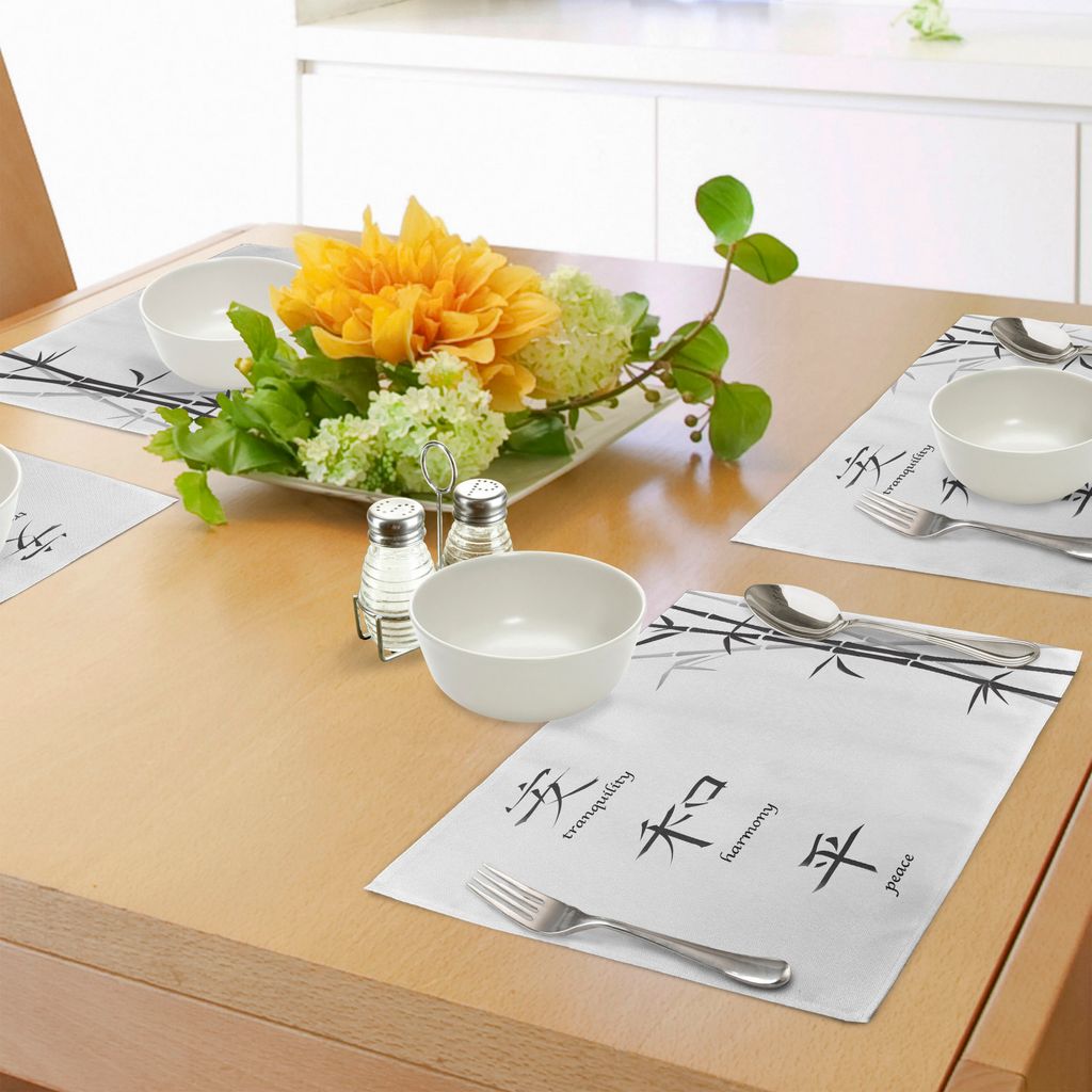 ABAKUHAUS Bambus Platzmatten, Illustration von chinesischen Symbolen für Ruhe-Harmonie-Frieden mit Bambusmuster, Tiscjdeco aus Farbfesten Stoff f...