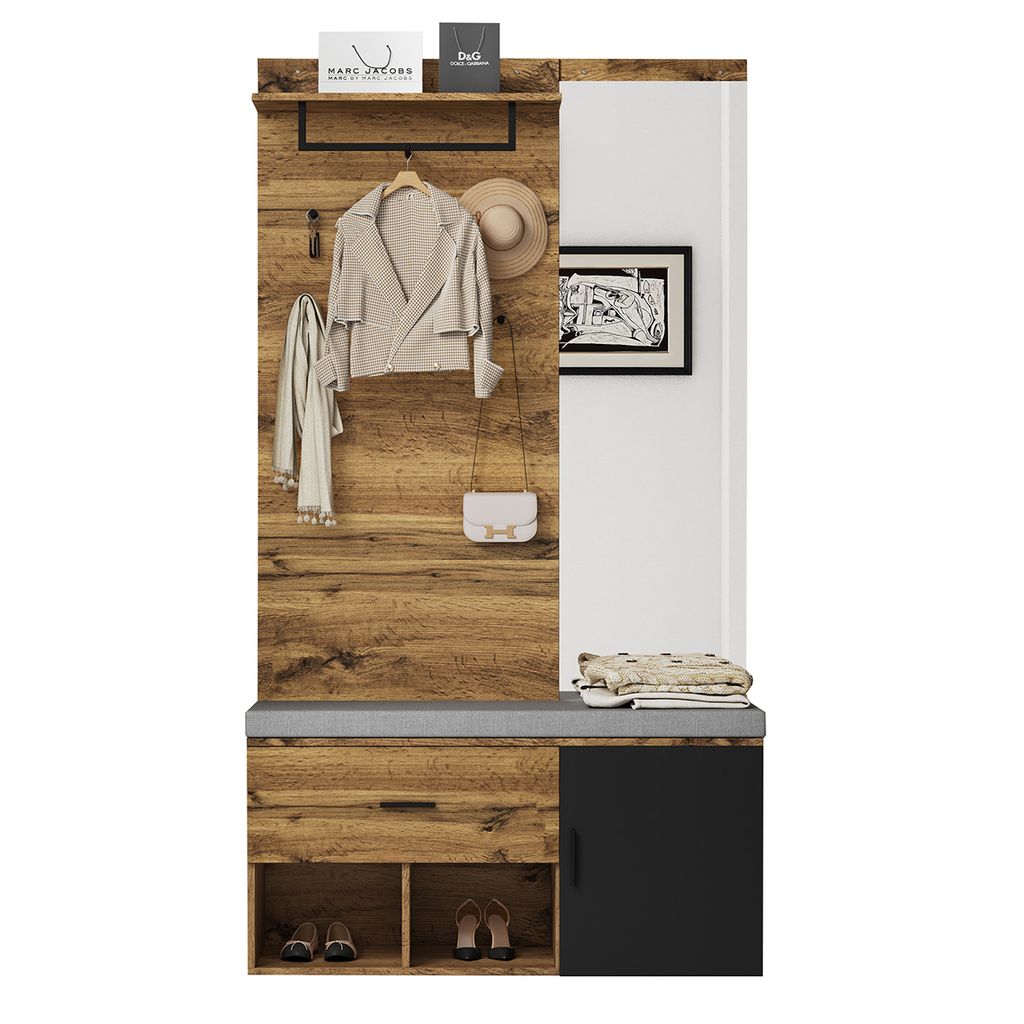 Garderobenset in Holzoptik mit Spiegel Schuhbank Polster Schublade Regal Kleiderhaken Kleiderschrank für Schlafzimmer 190 cm hohe