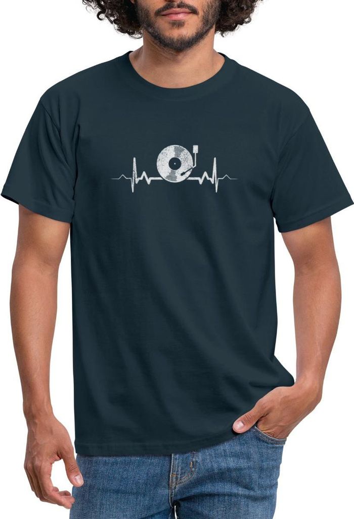 Spreadshirt Herzschlag Vintage Retro Schallplatte DJ Männer T-Shirt, 4XL, Navy