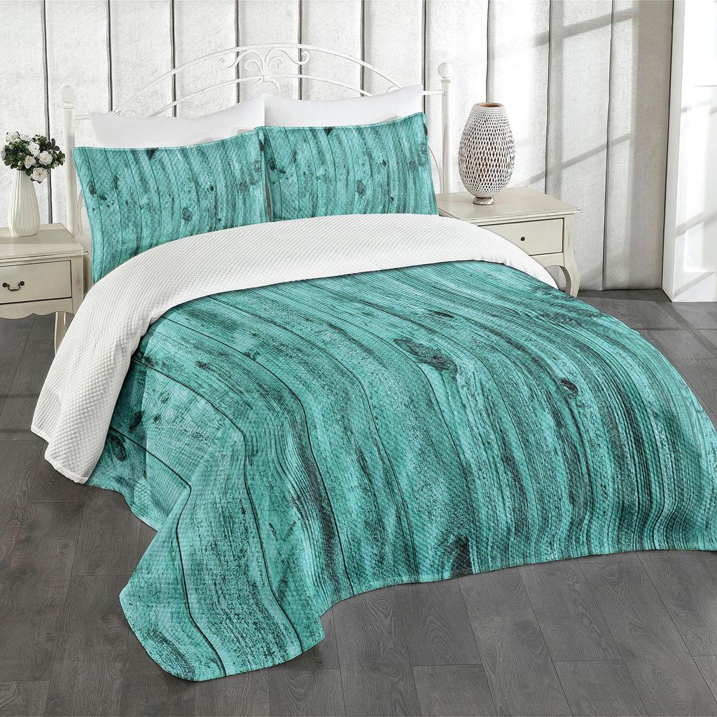 ABAKUHAUS Türkis Tagesdecke Set, Wand Des Türkis Beschaffenheits Hintergrund Und Antiken Bauholz Möbel Kunstvollen Druck, 264 x 220 cm, Blau