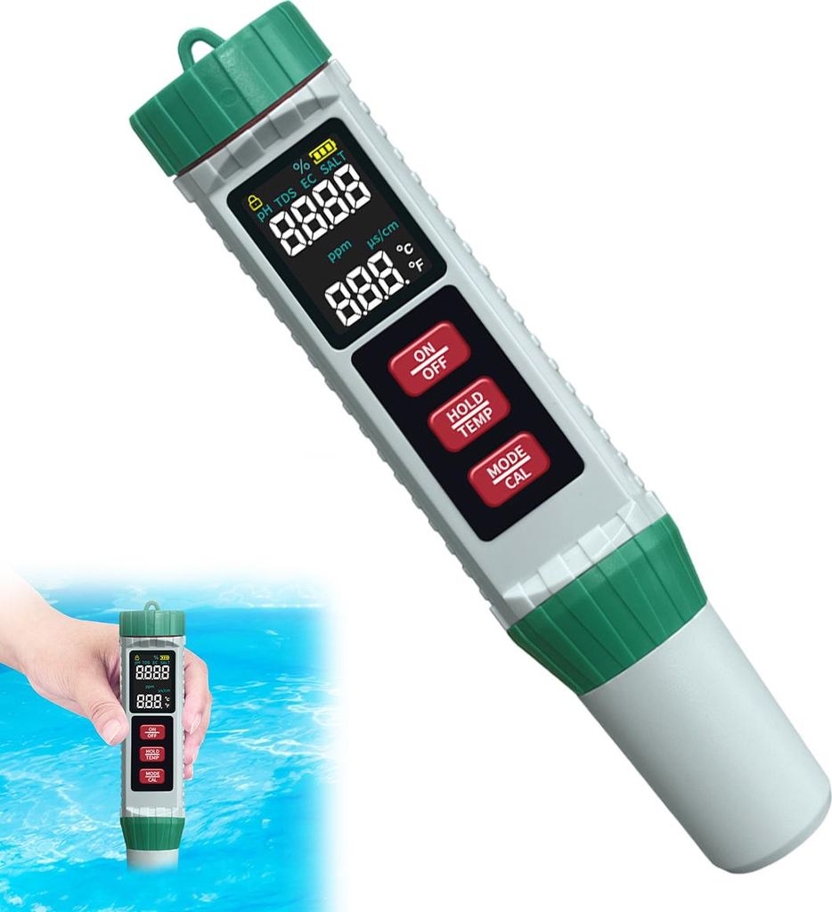 5-in-1 Wassertester: pH, Salz, TDS, EC & Temperatur für Pool, Trinkwasser, Aquarium