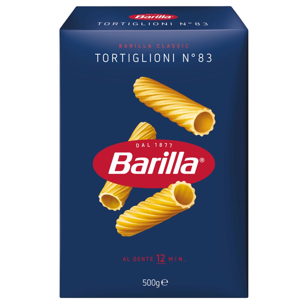 A box of Barilla Tortiglioni pasta.