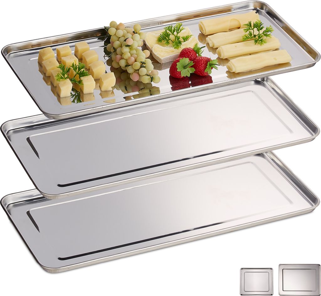 Relaxdays Servierplatte, 3er Set, Edelstahl, Produktbild 