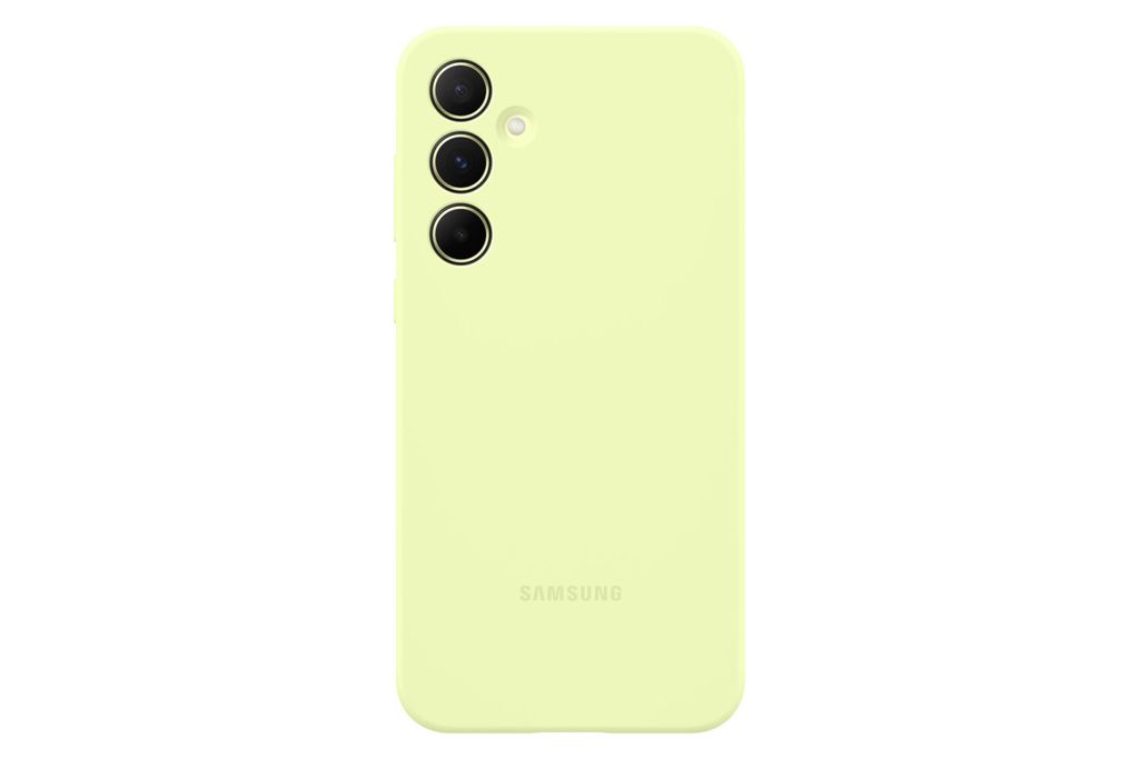 The back of a lime-green Samsung phone case is shown against a white background.