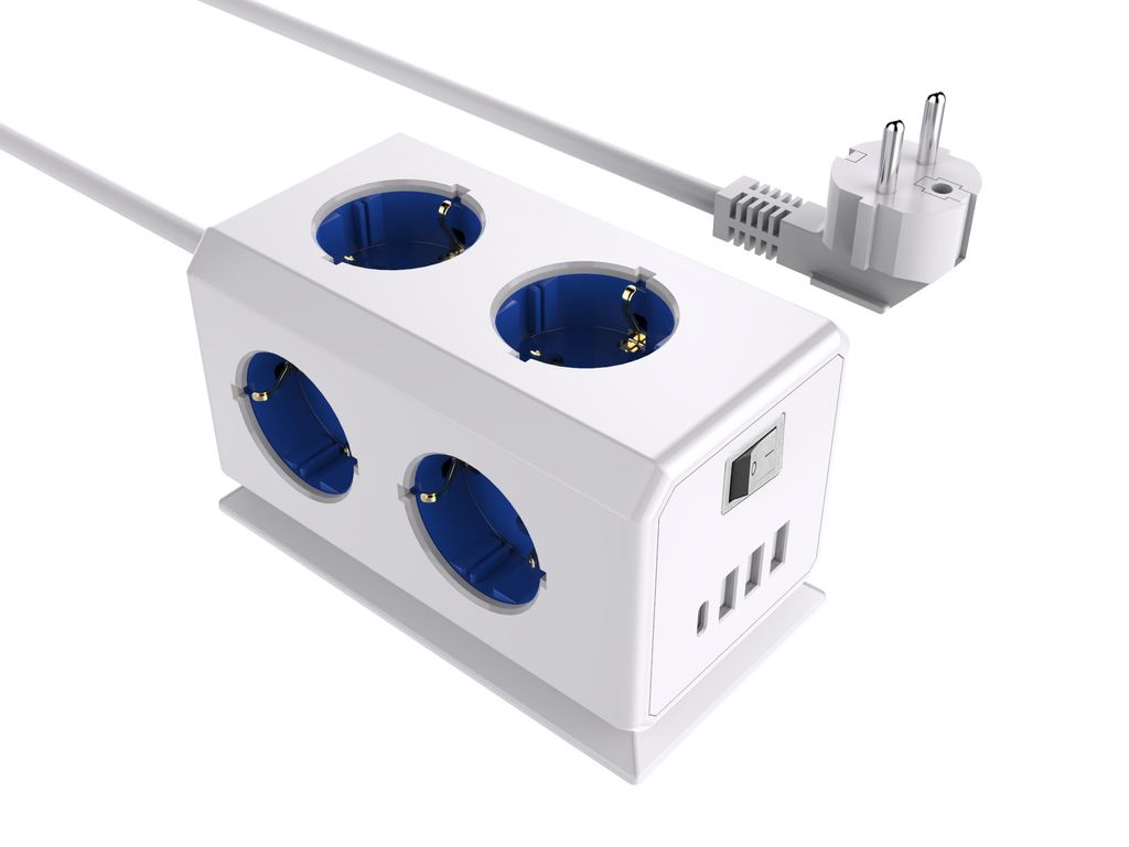 E08 3D 6-fach EU-Steckdose + 3USB + Type-C 16A Hochleistungs-Stromverteiler (1,4m Reinkupferkabel, CE/ROHS )