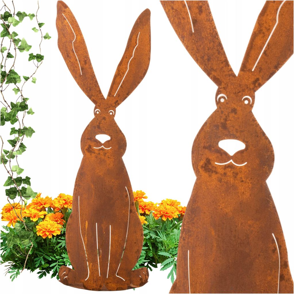 Gartenfigur Osterhase Set 55 cm + 75 cm - 2er Set aus Corten Stahl mit Rostoptik - 3D Osterdekoration mit Standfuß - Metall Gartendeko für Außen...